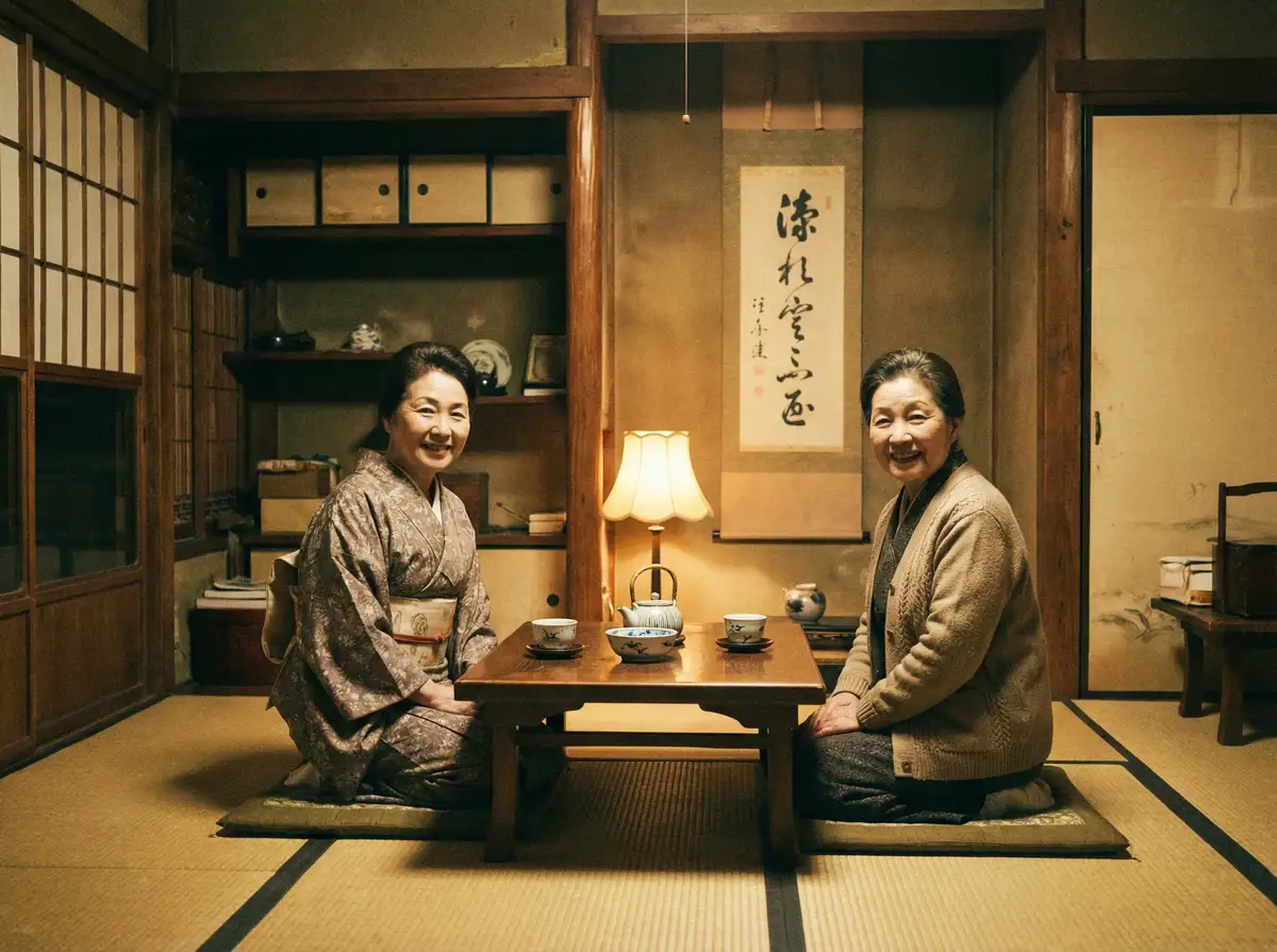 两位优雅的 里番动漫 在日式茶室中品茶交谈